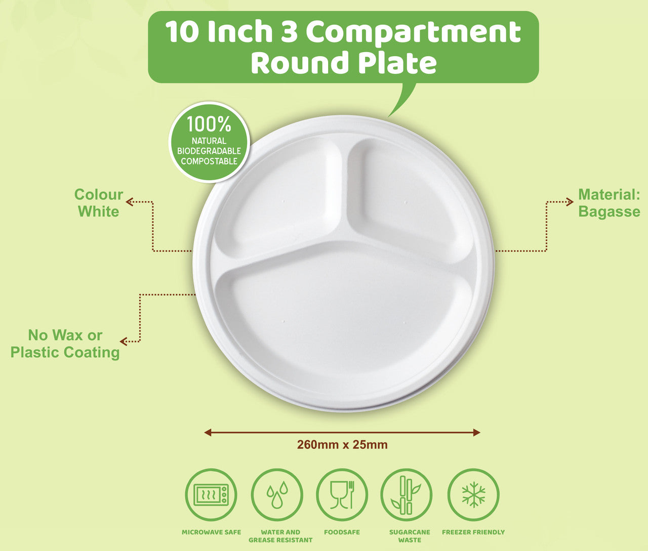 Viya 10 Inch 3 Comp Round Plate 25Pcs