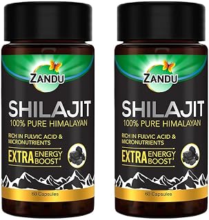 Zandu Shilajit Caps | Extra Energy Boost | 100% Pure Himalayan | Lab-tested for heavy metals & purity | 60 N X Pack of 2| 80+ Micronutrients | Daily Natural Energy & Stamina Support
