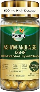 Zandu Ashwagandha KSM-66 (600 mg high dose formula) Tablets | Clinically Proven for 72% Decrease in stress and anxiety levels I Boosts Energy & Strength | 60 tablets I 100% Pure Root Extract