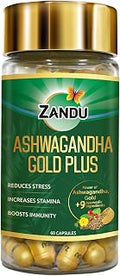 Zandu Ashwagandha Gold Plus I Reduces Stress & Cortisol, Improves Sleep and Muscle Recovery I Over 5% Withanolide Content | Scientifically Tested | 60 Caps