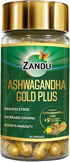 Zandu Ashwagandha Gold Plus I Reduces Stress & Cortisol, Improves Sleep and Muscle Recovery I Over 5% Withanolide Content | Scientifically Tested | 60 Caps