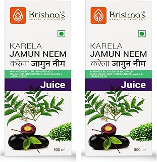 KRISHNA'S HERBAL & AYURVEDA Karela Jamun Neem Mix Juice - 500 Ml, (Pack Of 2), Blend Of Fresh Karela, Neem Juice & Jamun Seeds Ayurvedic Solution For Balancing Sugar Levels