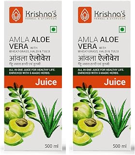 KRISHNA'S HERBAL & AYURVEDA Amla Aloe Vera Wheat-Grass, Haldi & Tulsi Juice - 500 Ml (Pack Of 2) | Enriched With Vitamin C | All In One Drink With Aloe Vera, Amla, Haldi, Tulsi & Wheatgrass