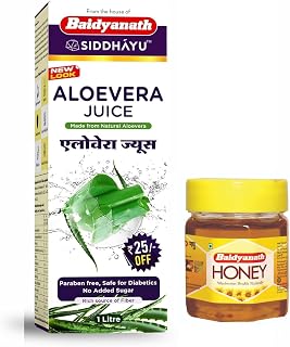 Baidyanath Asli Ayurved Aloe Vera juice with Pulp, All Natural tonic for Immunity, Better digestion and Glowing Skin, 1L | 50ML Free Honey