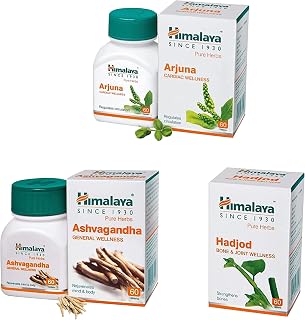 Himalaya Arjuna - 60 Tablets & Ashvagandha - General Wellness Tablets, 60 Tablets | Stress Relief | Rejuvenates Mind & Body & Wellness Pure Herbs Hadjod Bone & Joint Wellness - 60 Tablet