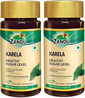 Zandu Karela Pure Herbs (Bitter Melon) for Healthy Sugar Levels and Improved Metabolism | 100% Natural & Authentic | Powerful Blood Purifier for Glowing Skin - 60 Veg capsules (Pack of 2)