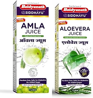 Baidyanath Asli Ayurved Amla Juice 1L Cold Press + Aloe Vera Juice 1L | Cold-Pressed, Vitamin C, Supports Immunity & Digestion, Combo For Glowing Skin, Hair Care, And Detox