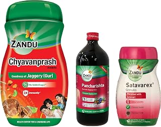 Zandu Chyavanprash Avaleha, Made with Jaggery, 900g & Pancharishta 650ml, Ayurvedic Tonic, Relief from disgetive problems like Acidity & Satavarex Granules, 210 g, Enriched with Satavari