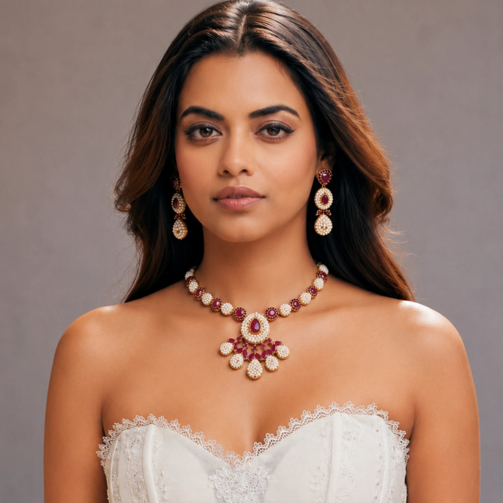 Ruby Pearl Blossom Necklace Set