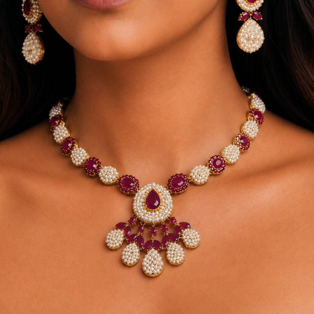 Ruby Pearl Blossom Necklace Set