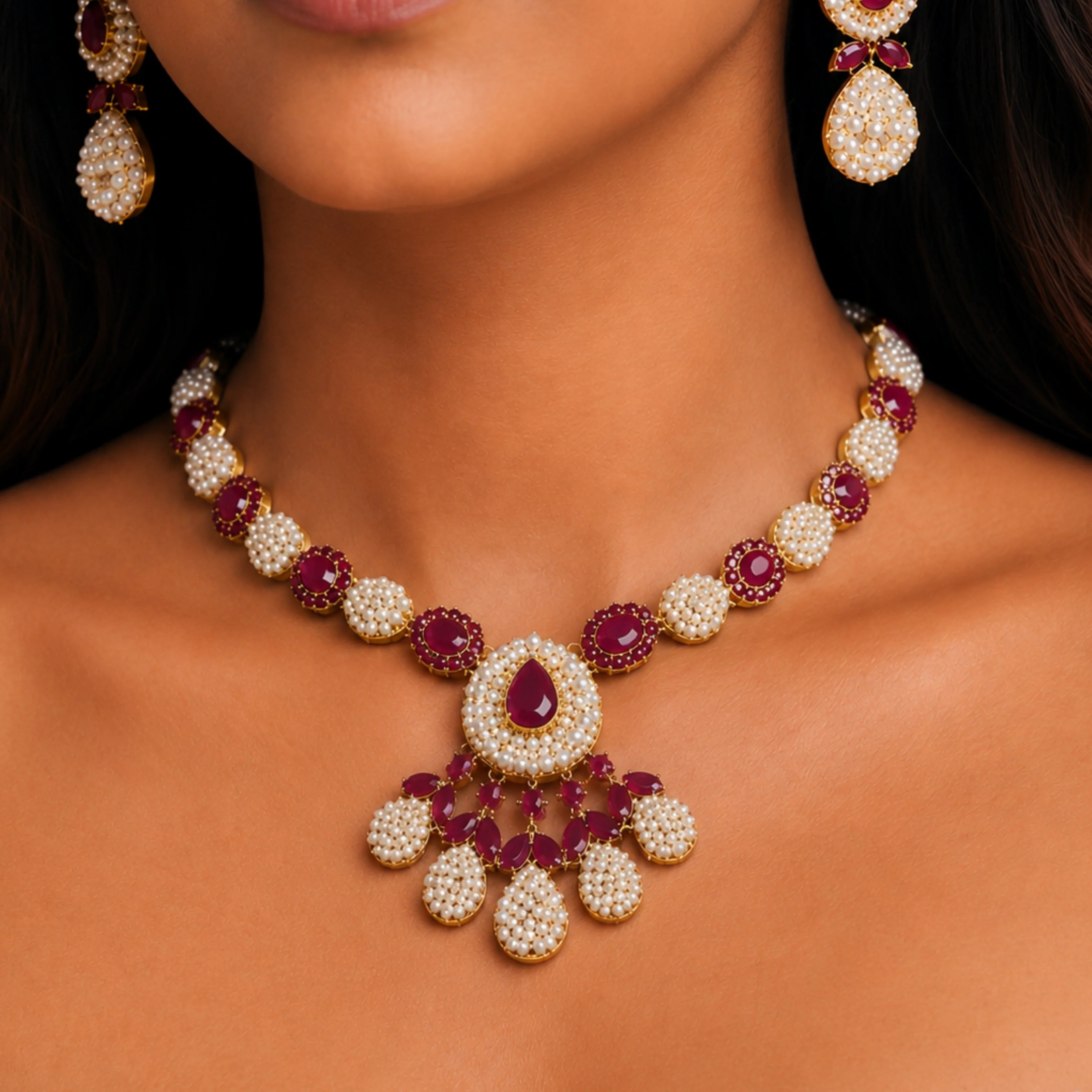Ruby Pearl Blossom Necklace Set