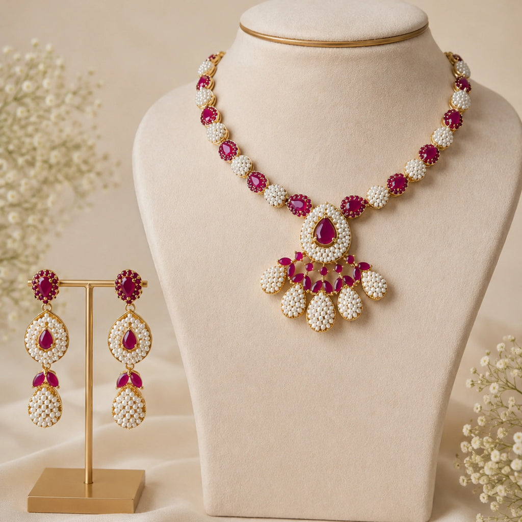 Ruby Pearl Blossom Necklace Set