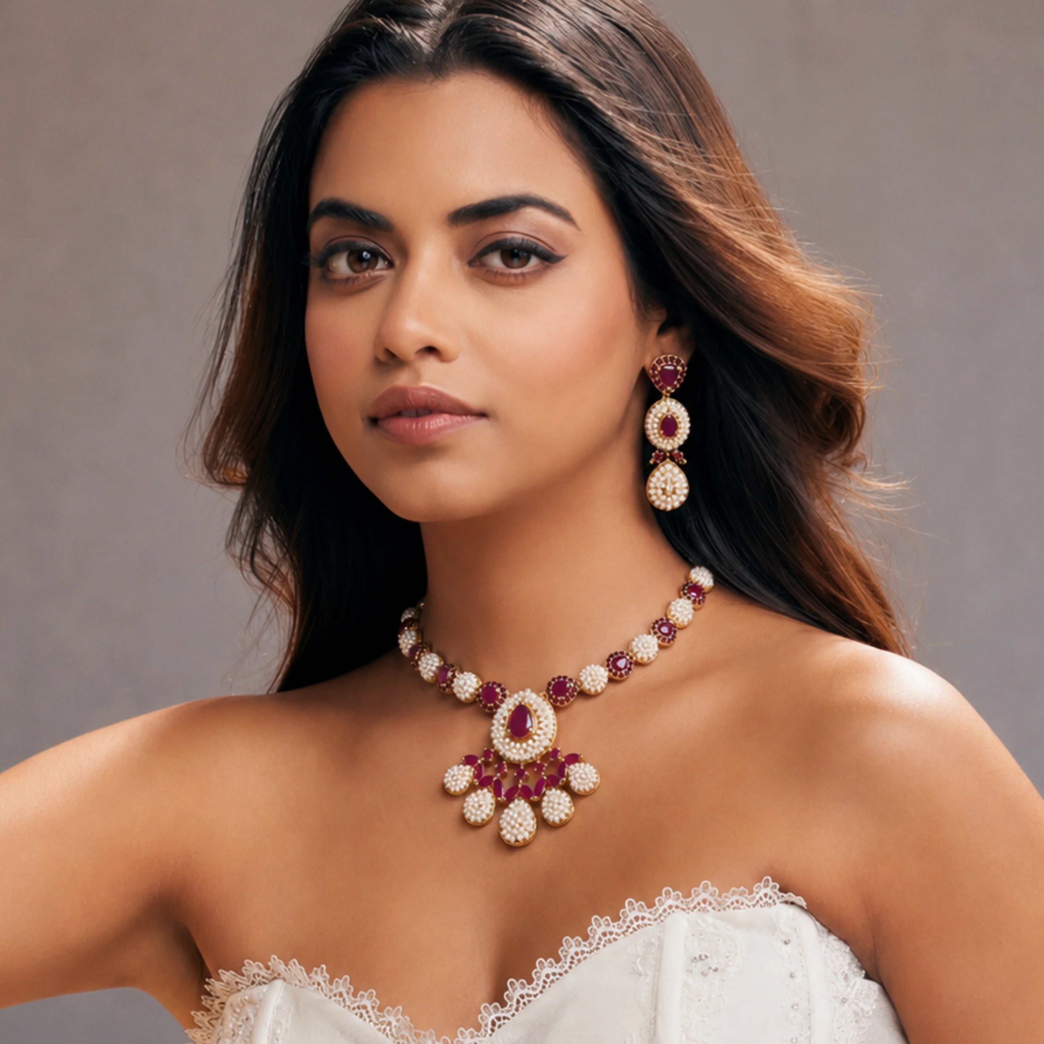Ruby Pearl Blossom Necklace Set