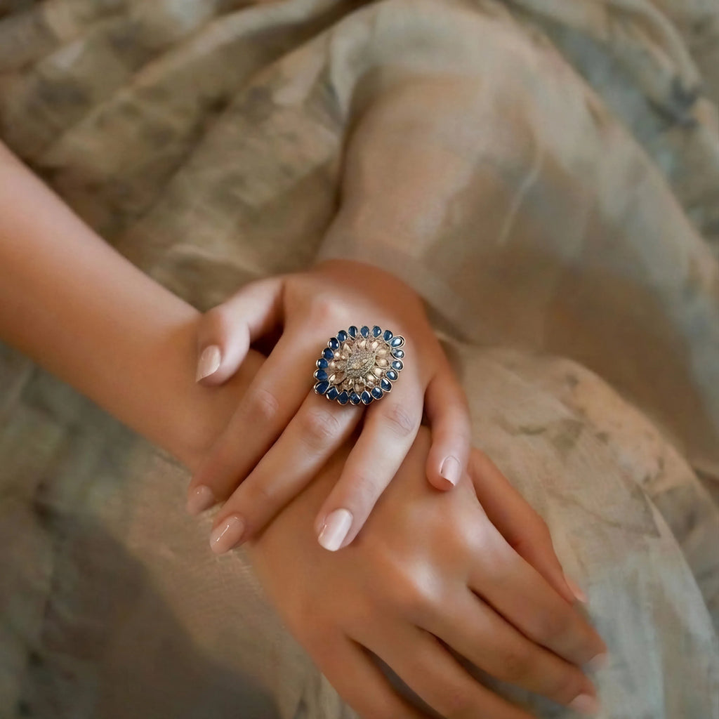 Midnight Sapphire Floral Ring