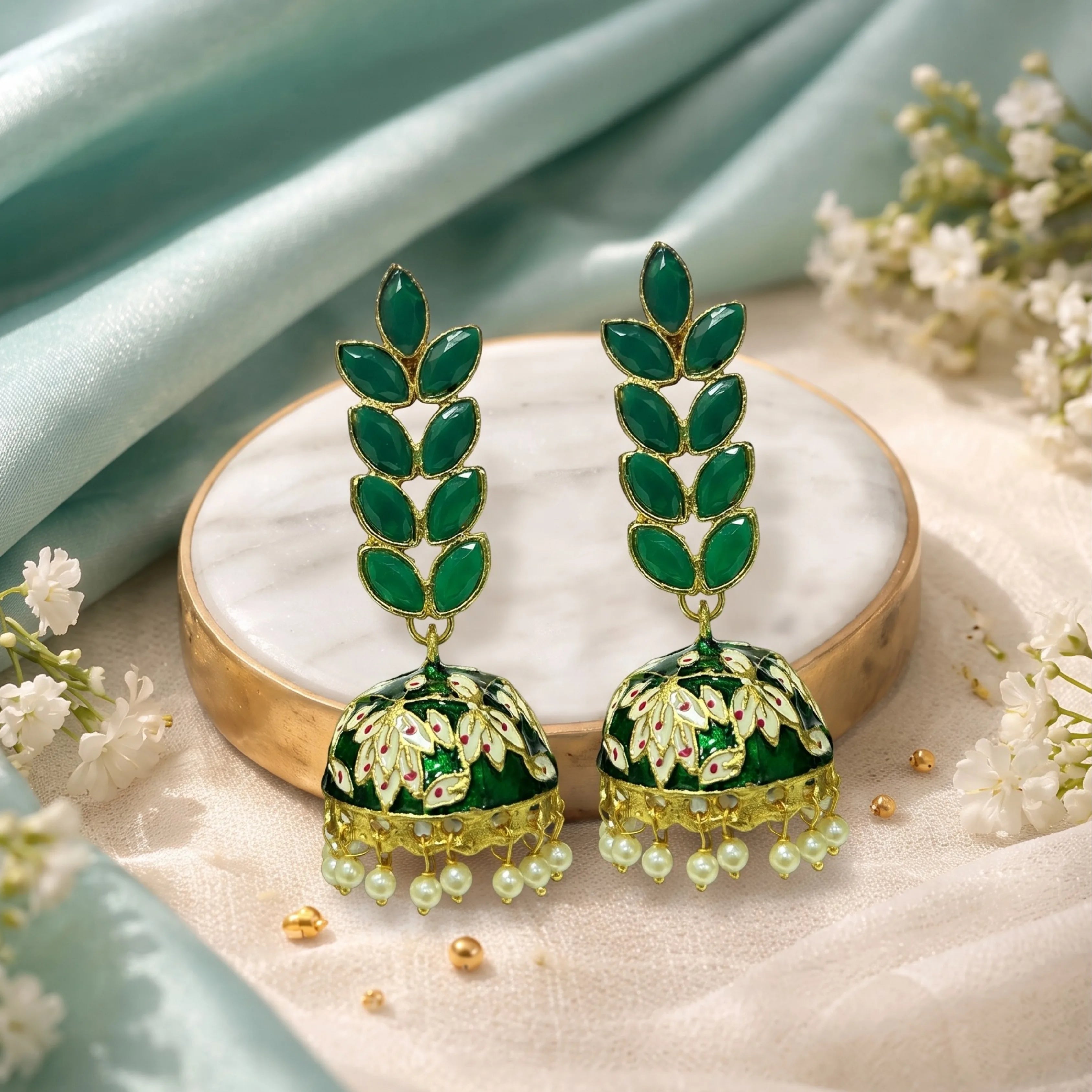 Emerald Blossom Jhumkas